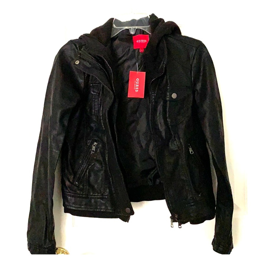 Guess Faux Leather Jacket w/Hood - Size Small